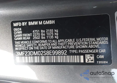 2025 BMW M2 z USA, uszkodzony, nr VIN 3MF23DM02S8E99892